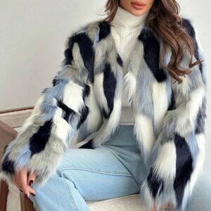Luxe Vegan Fur Multicolor Oversized Open Front Jacket Coat